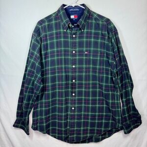 Tommy Hilfiger Flannel Shirt Plaid Button Up Long Sleeve Green Mens Sz Large Y2K